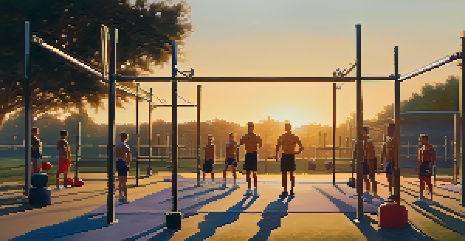 Athletes engaged in an outdoor CrossFit session during sunset, performing kettlebell swings and box jumps, with the warm glow of the sun in the background.