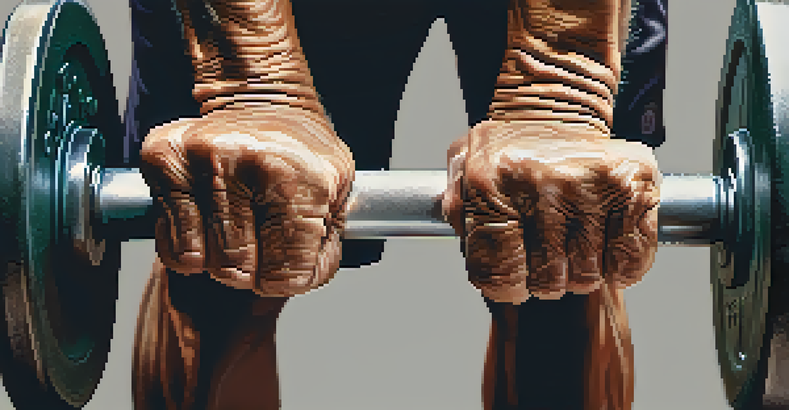 Close-up of an elderly person's hands gripping a barbell, highlighting strength and resilience.
