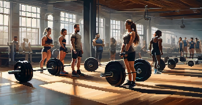A diverse group of athletes in a bright gym lifting weights, with a female athlete squatting in the foreground, showcasing strength and determination.