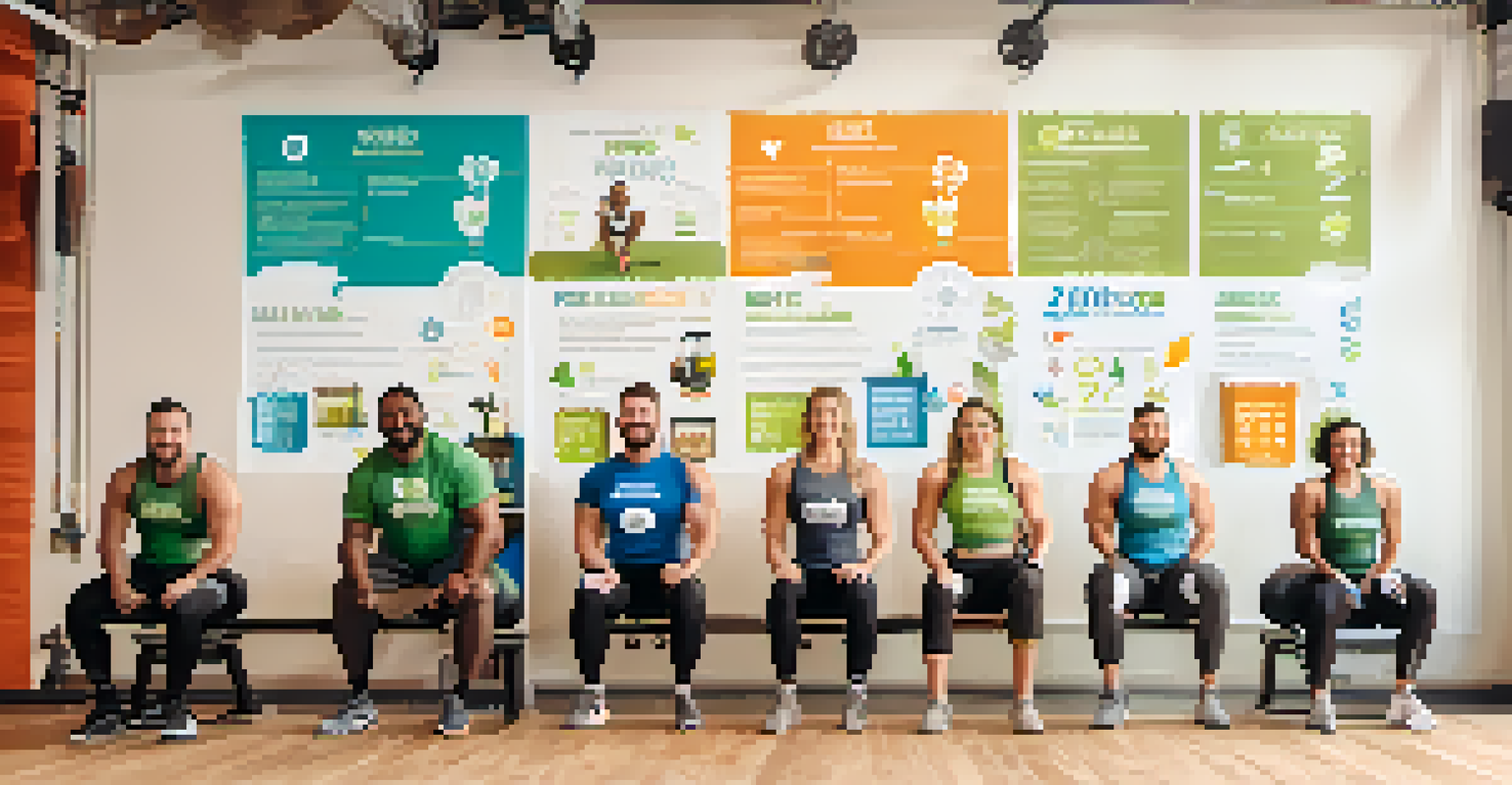 A powerlifting team participating in a zero waste challenge at a gym, collaborating and tracking their waste reduction progress with cheerful expressions.