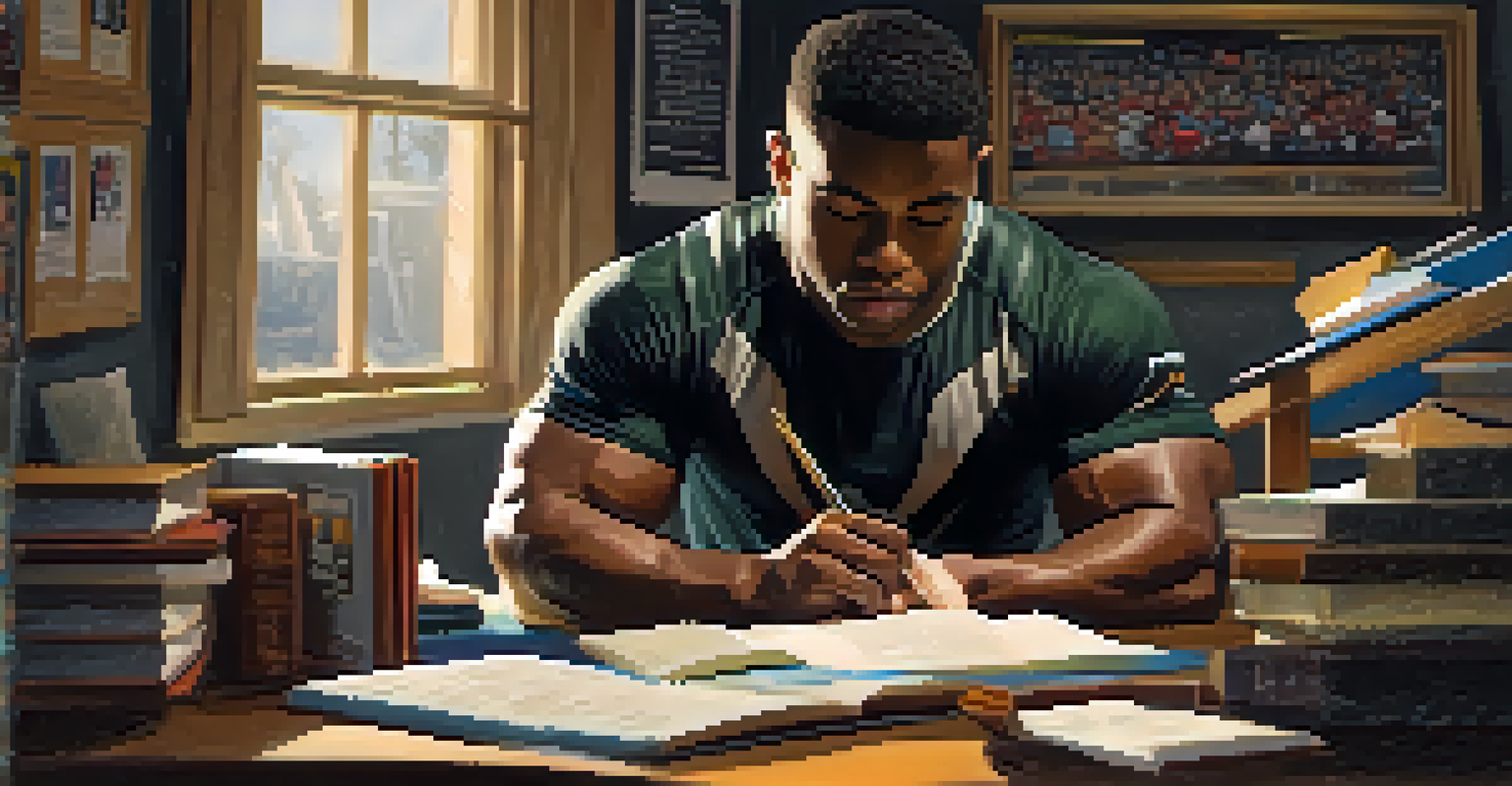 A focused athlete writing a powerlifting scholarship application at a cluttered desk, with books and a laptop around them.