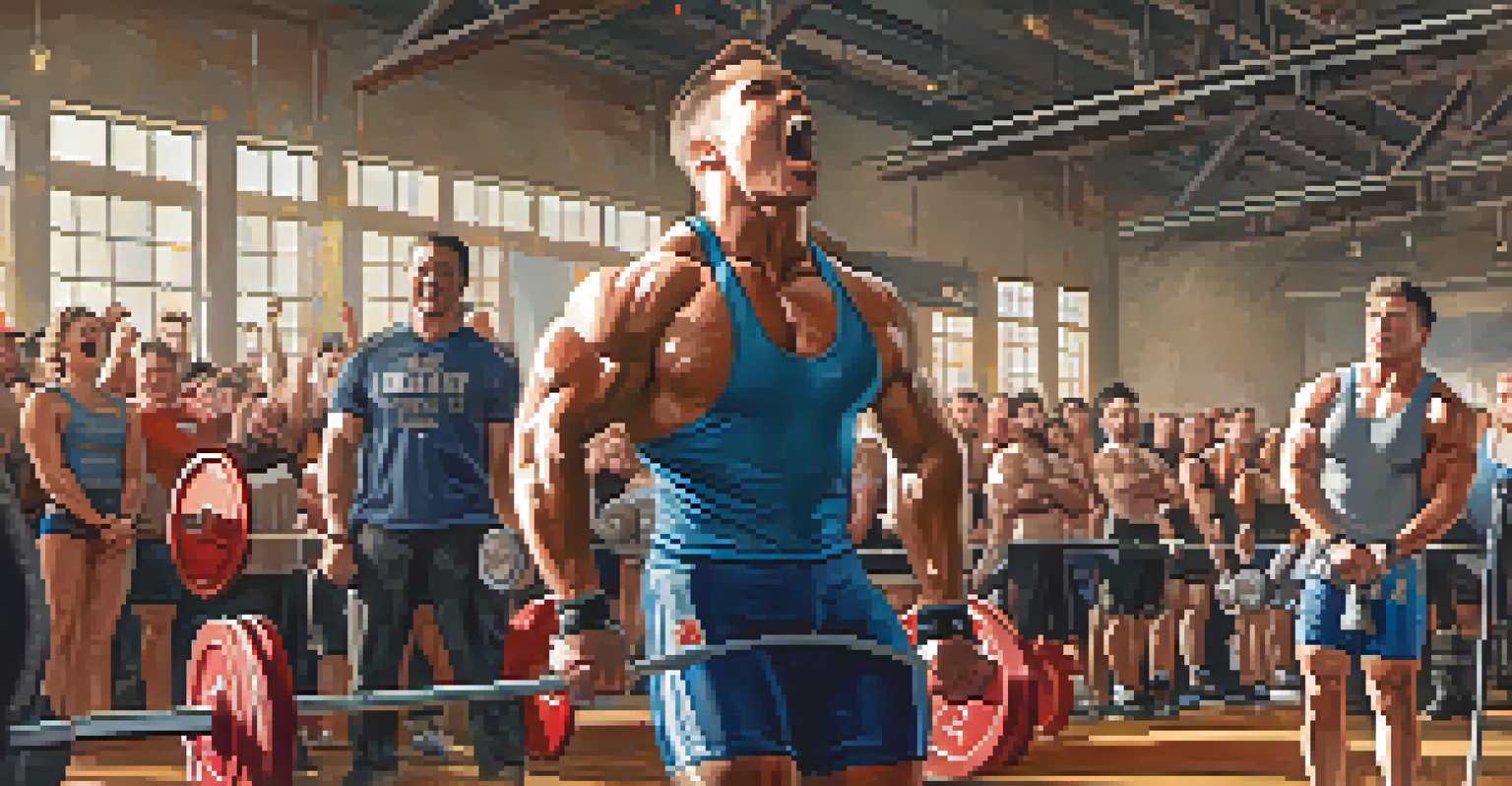 A lively powerlifting competition in a local gym with spectators cheering and a competitor mid-lift, creating an atmosphere of excitement.