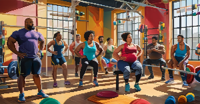 A diverse group of powerlifters warming up in a colorful gym, showcasing inclusivity and camaraderie.