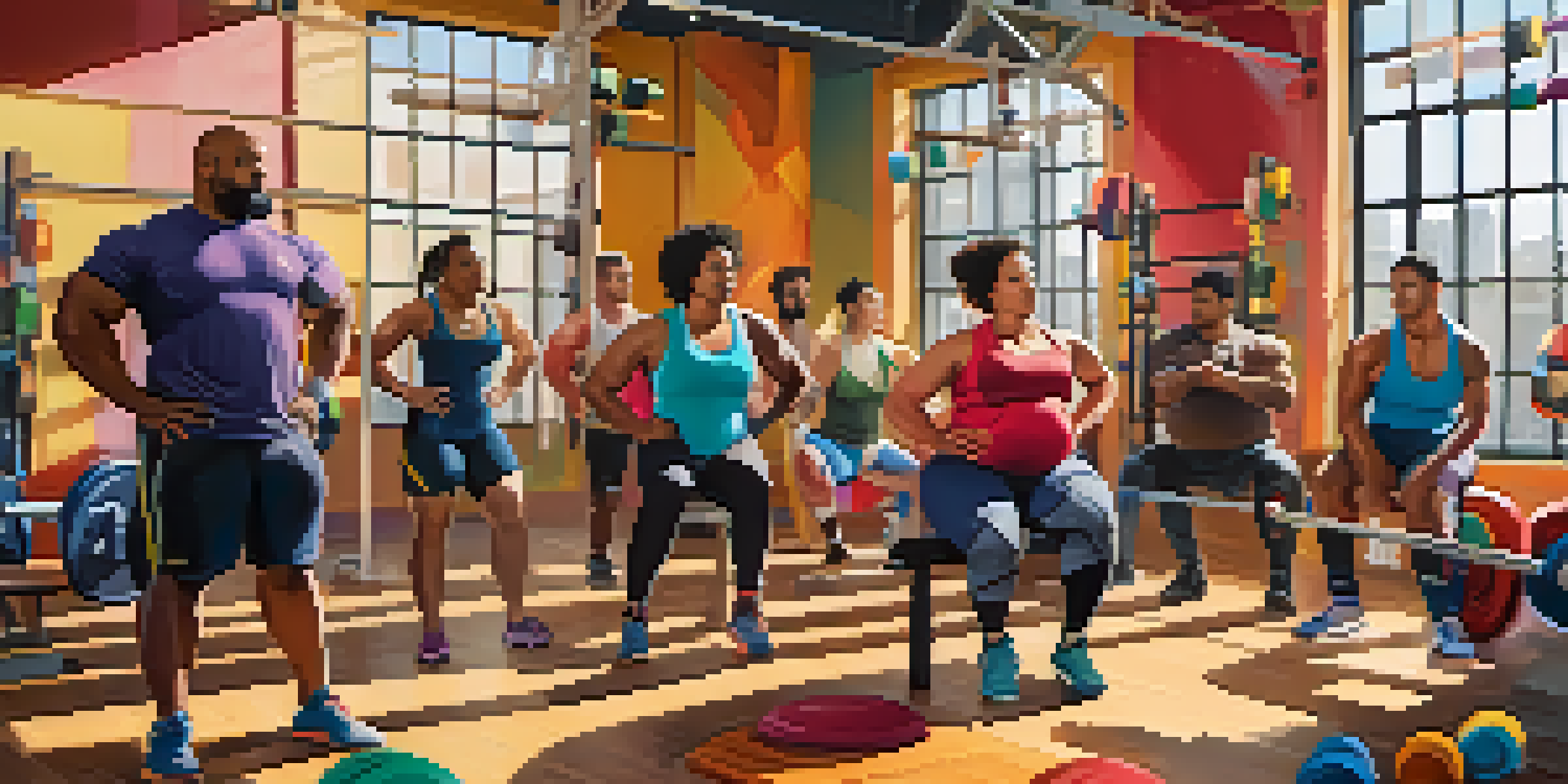 A diverse group of powerlifters warming up in a colorful gym, showcasing inclusivity and camaraderie.