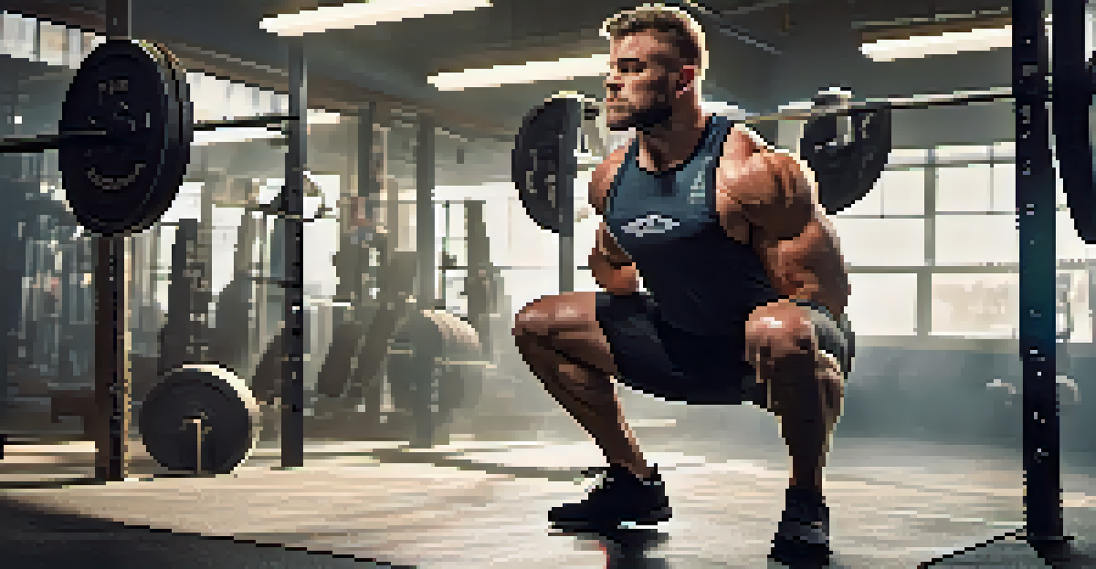 A powerlifter executing a squat with precise form in a bright gym, surrounded by workout equipment and motivational decor.