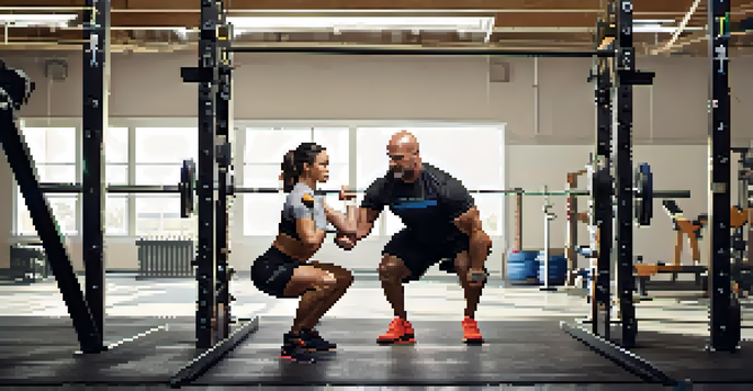 A powerlifting coach helping an athlete with squat technique in a gym, surrounded by weights and fitness equipment.