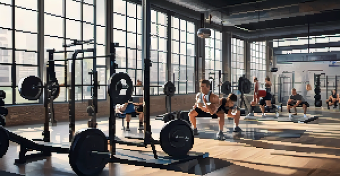 A diverse group of individuals strength training in a well-lit gym with various weightlifting equipment, showcasing determination and focus.