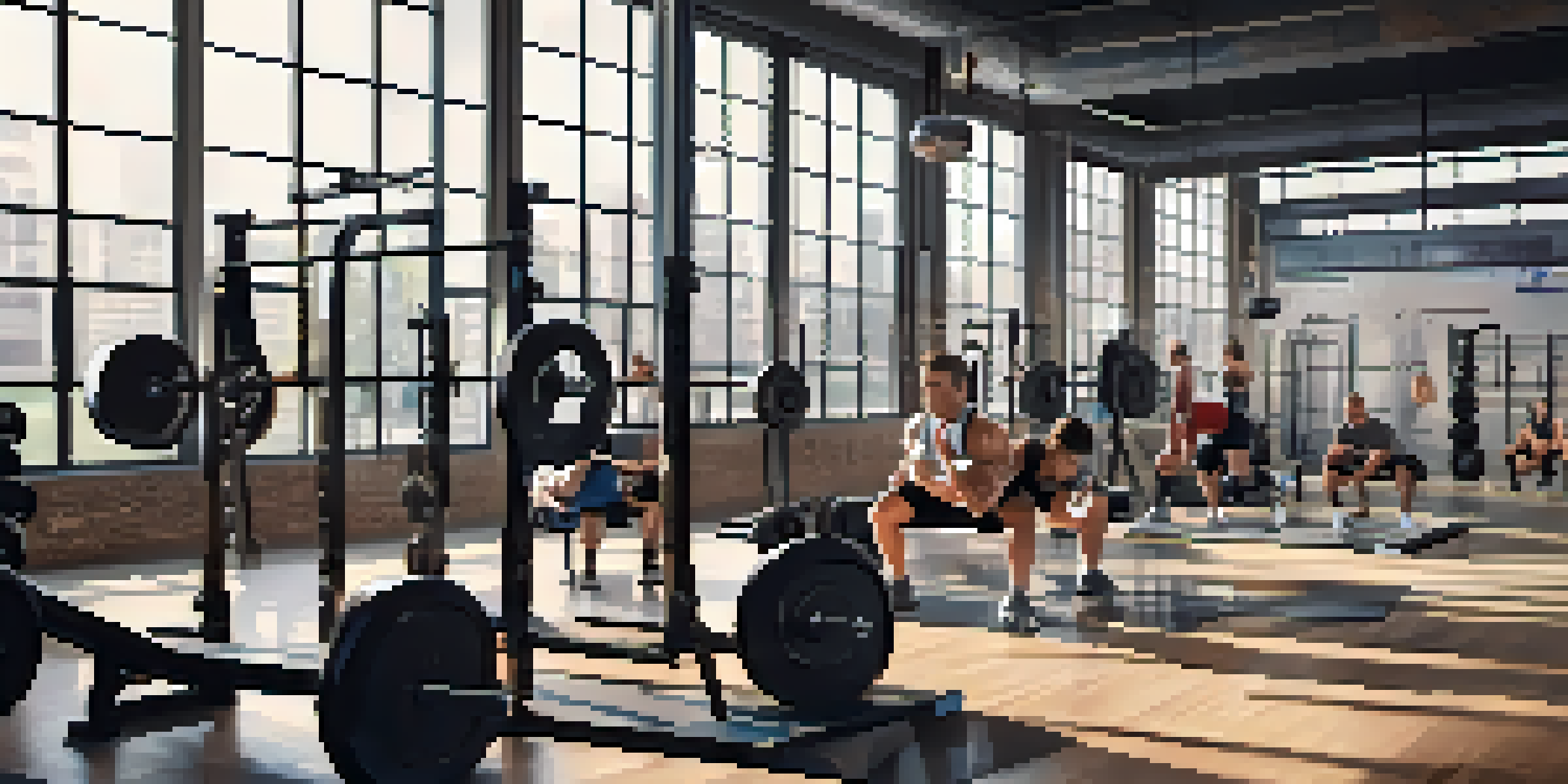 A diverse group of individuals strength training in a well-lit gym with various weightlifting equipment, showcasing determination and focus.