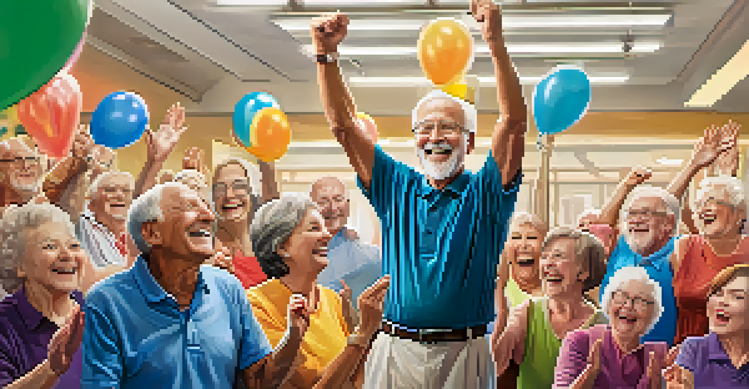 A senior man celebrating his lifting success in a gym with supportive friends around him.