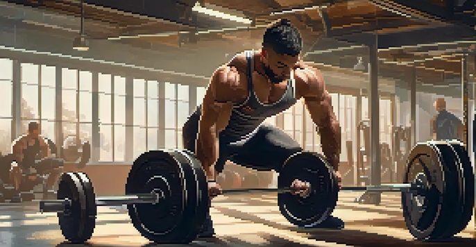 A powerlifter in a gym with proper lifting posture, preparing to lift a barbell.
