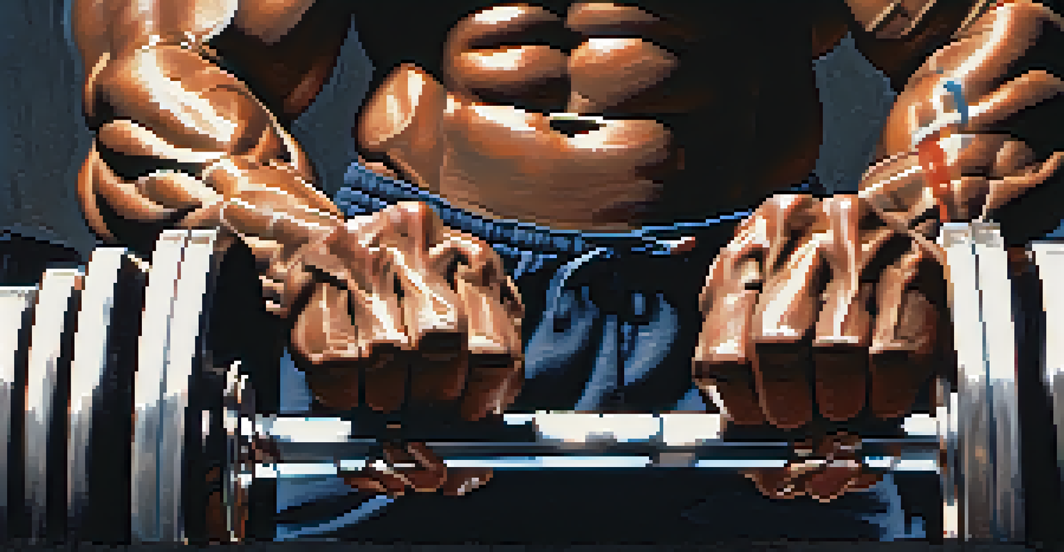A close-up of a lifter's hands gripping a barbell, with chalk dust in the air, showcasing intense focus and determination.