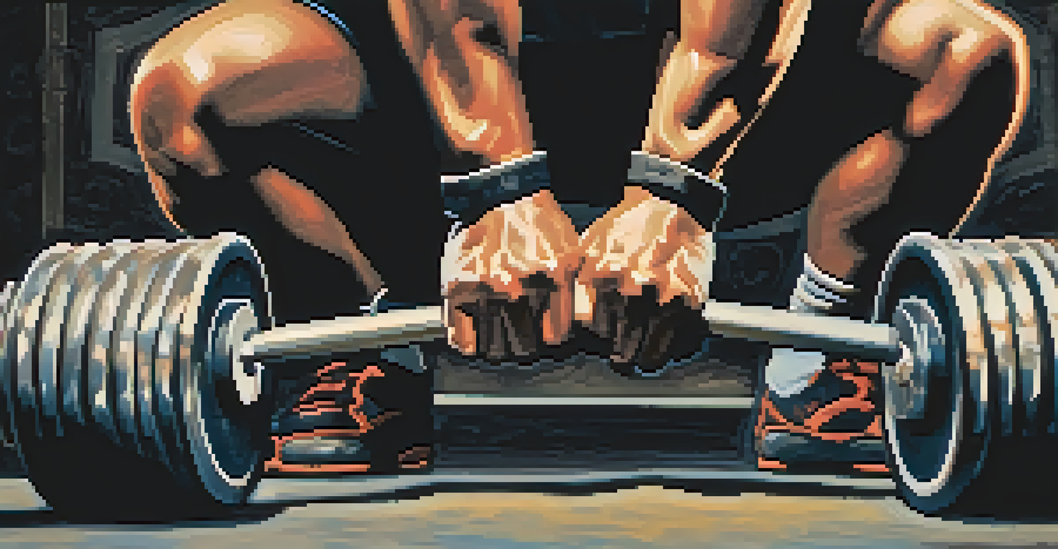 A close-up of a powerlifter's chalk-covered hands gripping a barbell, with a blurred background of the competition.