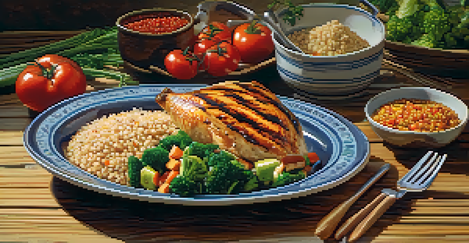 A healthy meal featuring grilled chicken, vegetables, and quinoa on a wooden table with natural lighting.
