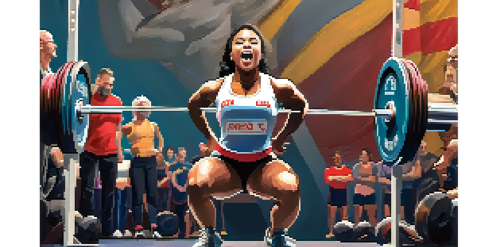A female powerlifter squatting on stage during a competition with judges and cheering spectators in the background.