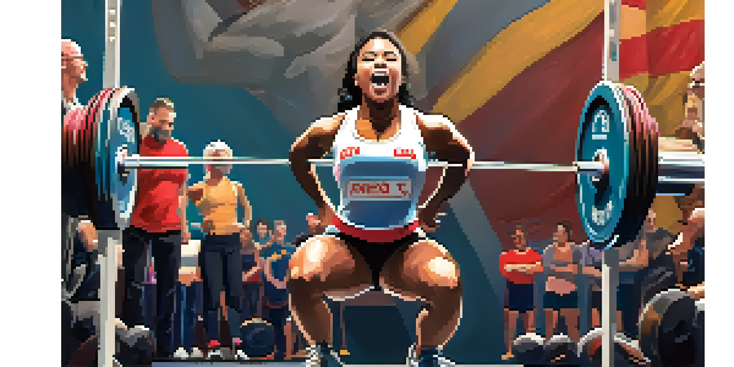 A female powerlifter squatting on stage during a competition with judges and cheering spectators in the background.
