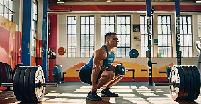 A beginner powerlifter squatting with a barbell in a well-lit gym, showing focus and determination.