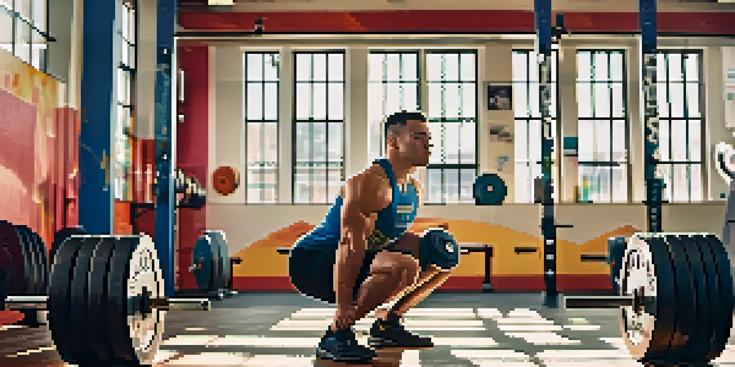 A beginner powerlifter squatting with a barbell in a well-lit gym, showing focus and determination.