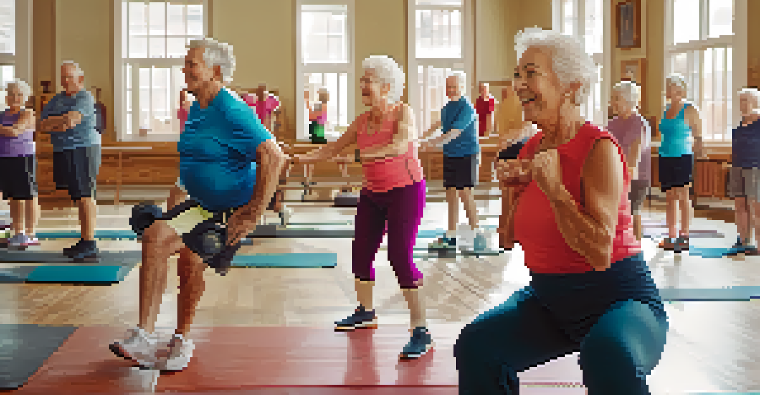 A diverse group of elderly individuals engaged in a warm-up session for powerlifting, performing dynamic stretches in a fitness class.