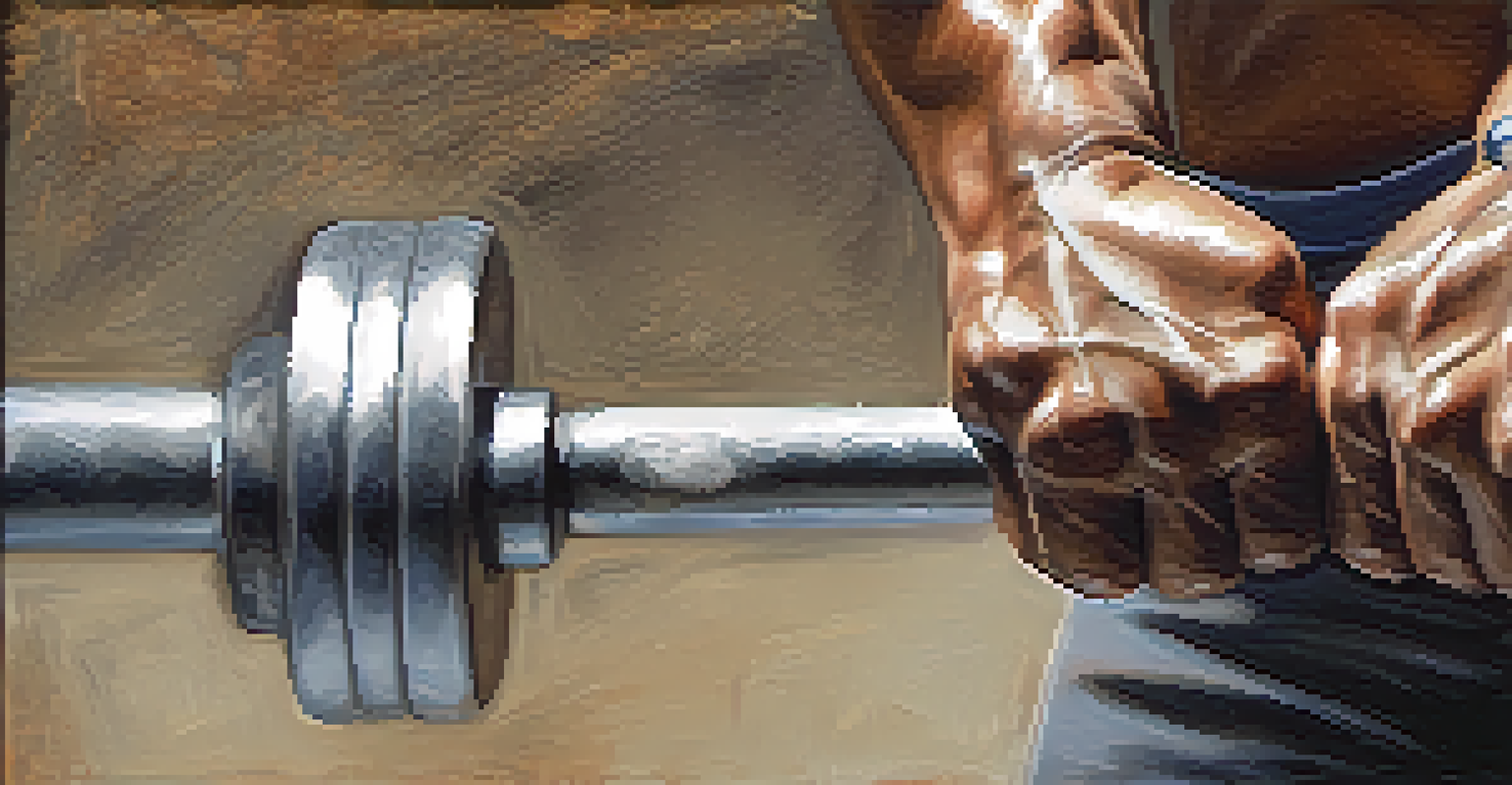 Close-up of a powerlifter's hands gripping a barbell, showing tension and details of the hands and bar.