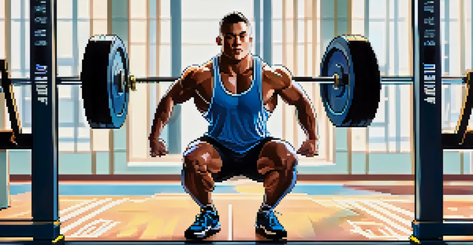 A beginner powerlifter performing a squat in a gym, concentrating on their form with a barbell on their shoulders.