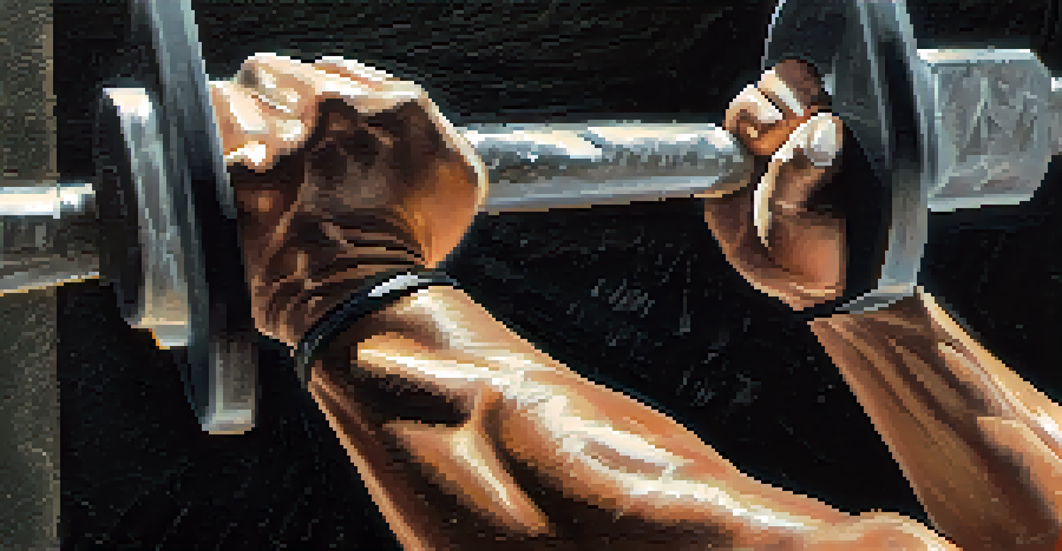 Close-up of a powerlifter's hands gripping a barbell, with chalk dust visible around the equipment.