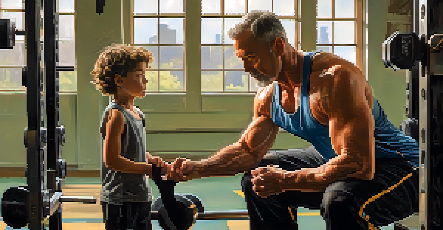 A coach teaching a young lifter lifting technique in a gym filled with equipment and motivational posters.