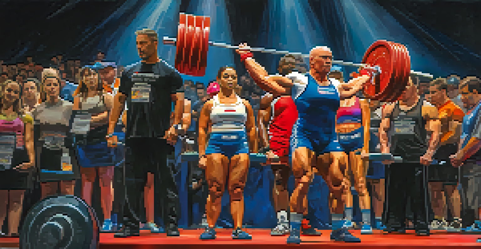 Athletes competing in a powerlifting event with a coach supporting from the sidelines, showcasing a lively and competitive atmosphere.