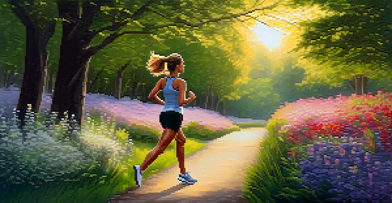 A jogger running on a scenic path surrounded by greenery and flowers during sunset, embodying the joy of outdoor exercise.