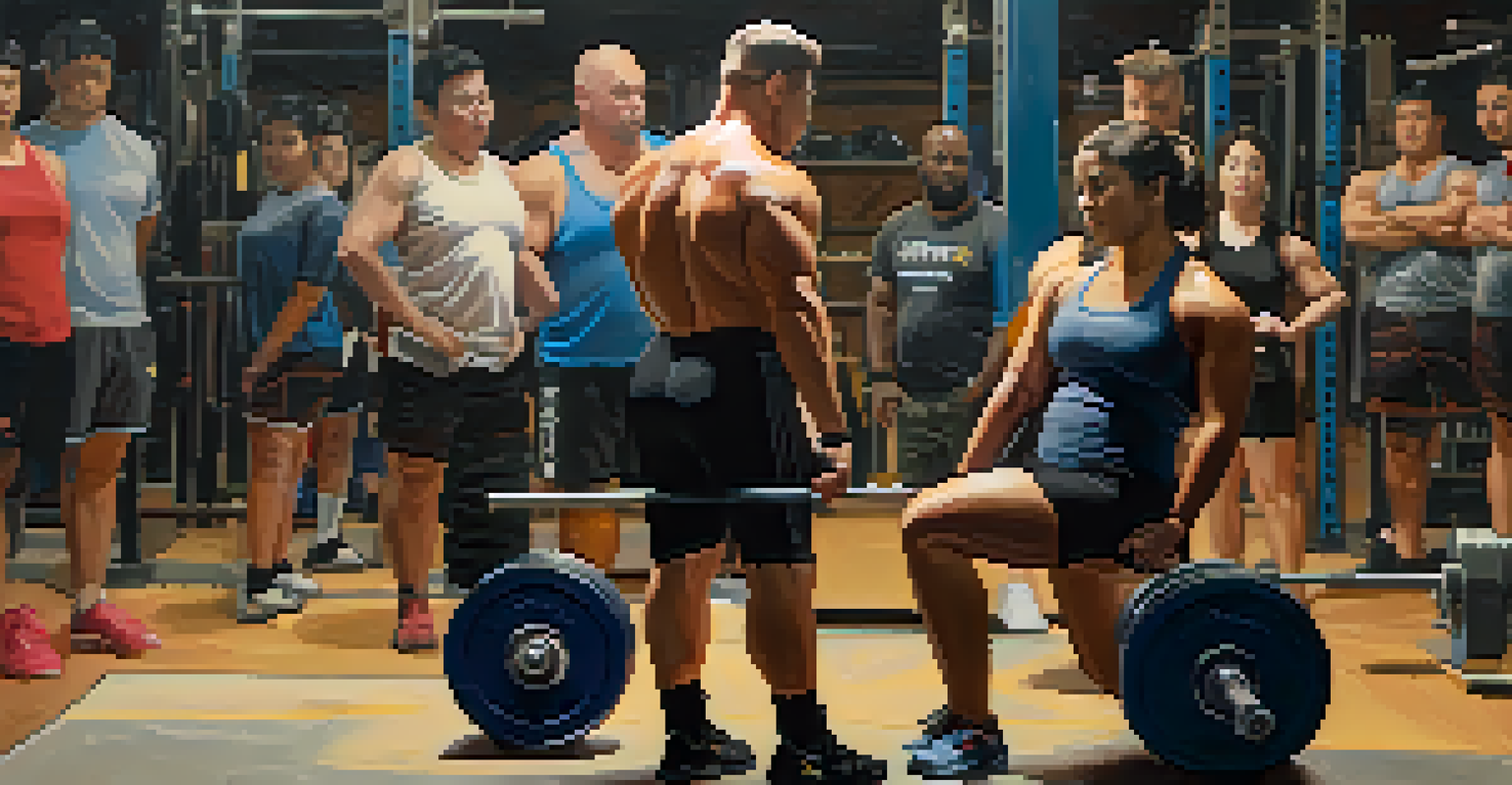 A mentor guiding a beginner lifter in a supportive powerlifting club setting.