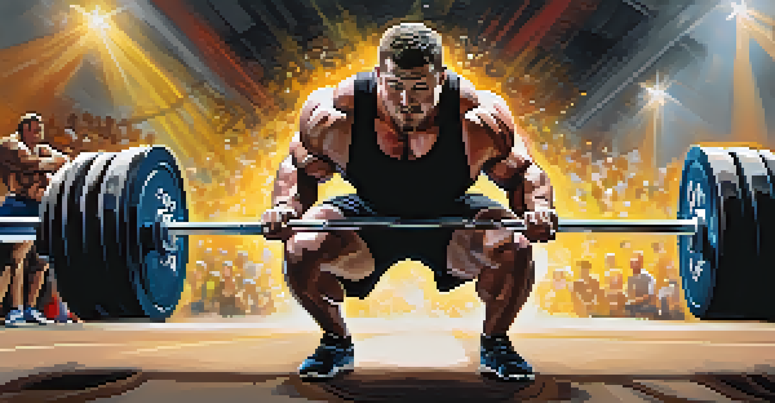 An athlete lifting a barbell in a powerlifting competition, with a focused expression and a cheering crowd behind.