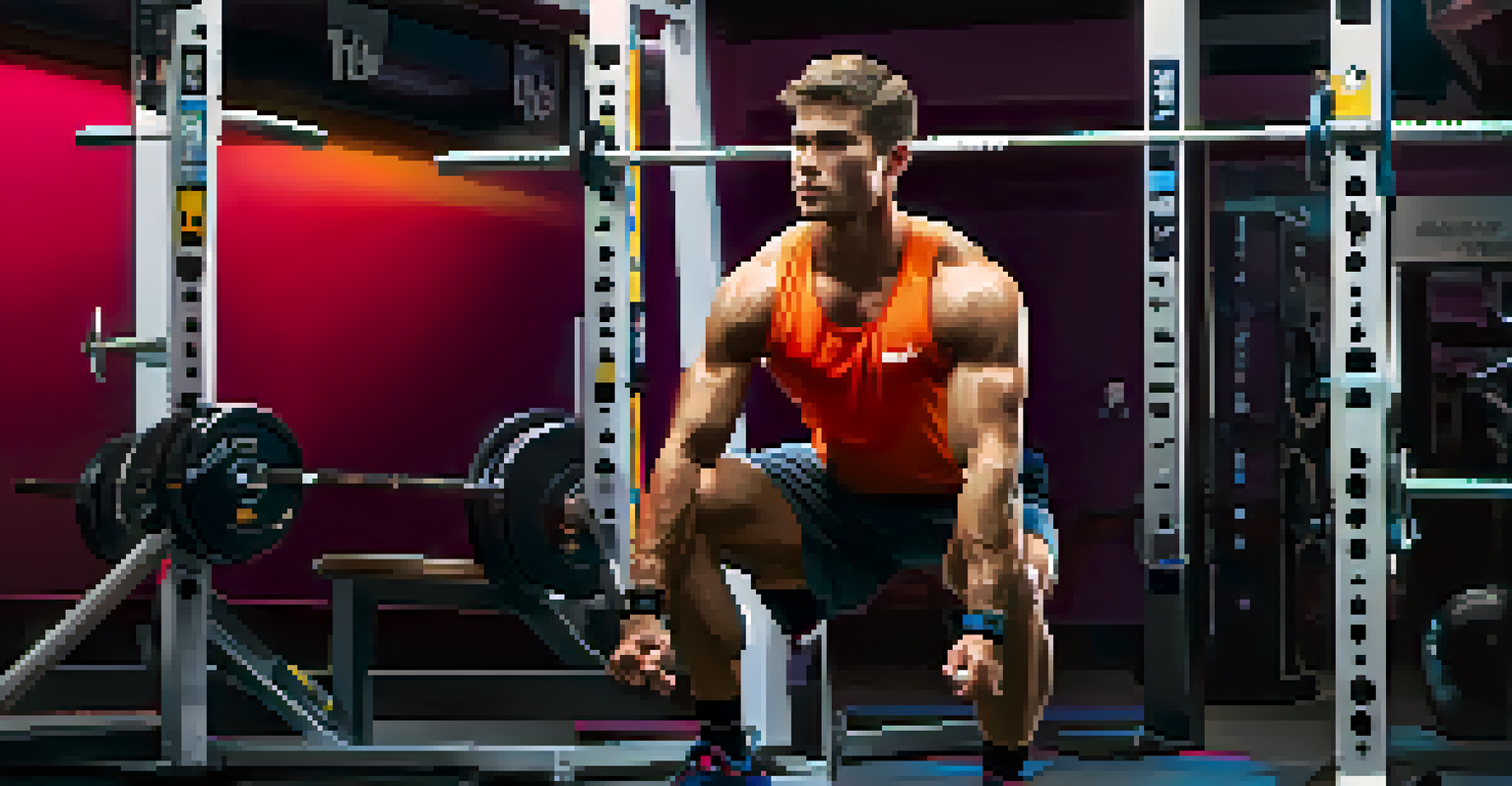 An athlete squatting in a gym with a phone displaying a training app on a nearby bench.