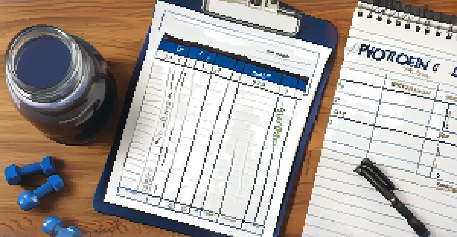 An overhead view of a workout log with a pen and a protein shaker on a wooden table, set against a blurred gym background.