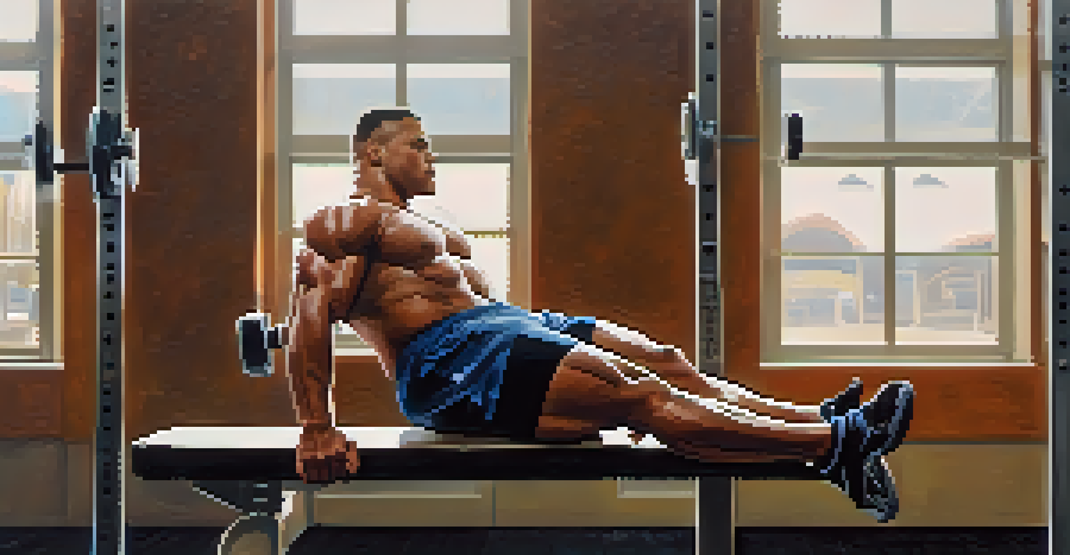 A powerlifter taking a break on a bench, looking determined while resting beside a water bottle and protein shake, with natural light illuminating the scene.