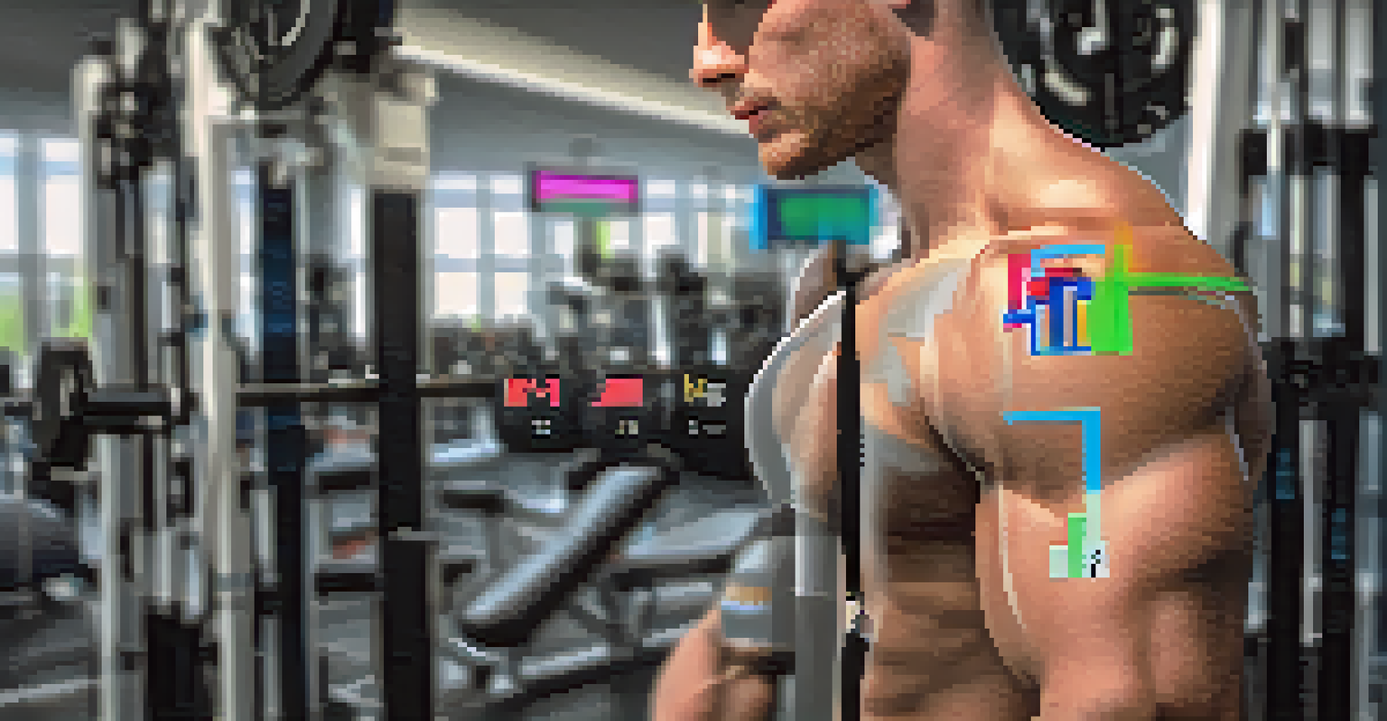 Close-up of biofeedback sensors on a powerlifter's arm displaying muscle activity metrics.