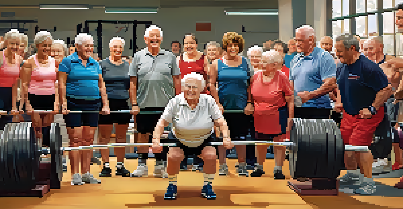 Older adults in a powerlifting class learning lifting techniques from a trainer in a friendly gym.