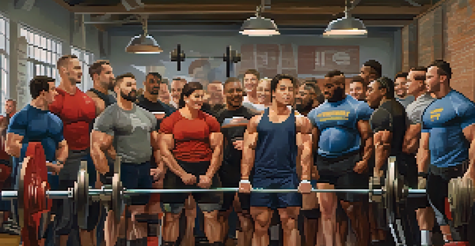 A diverse group of powerlifters in a gym, engaging in supportive conversations with a barbell in the background.