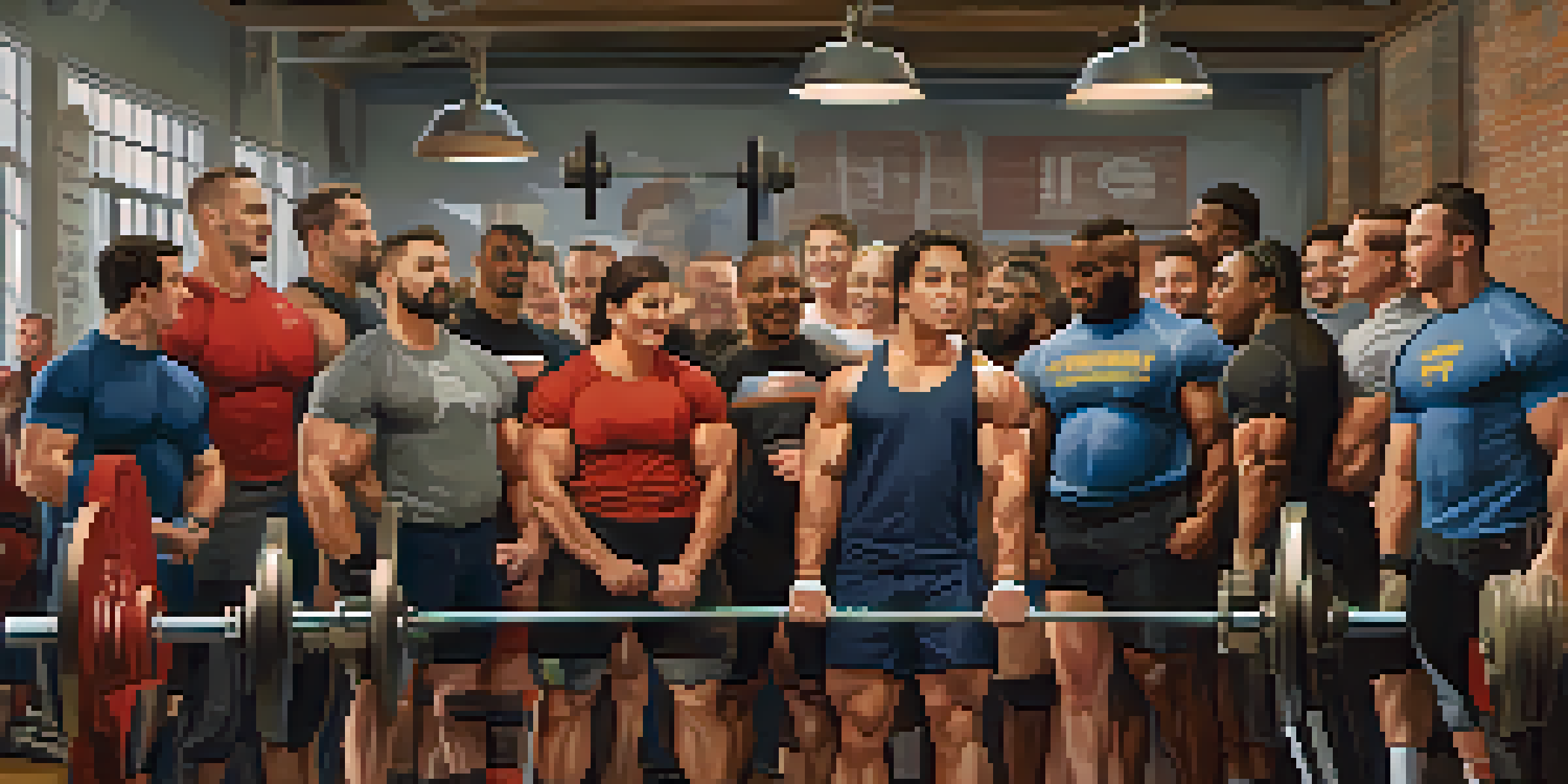 A diverse group of powerlifters in a gym, engaging in supportive conversations with a barbell in the background.