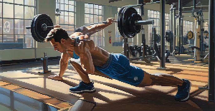 A powerlifter engaging in dynamic stretching exercises in a gym, with leg swings and arm circles, surrounded by gym equipment.