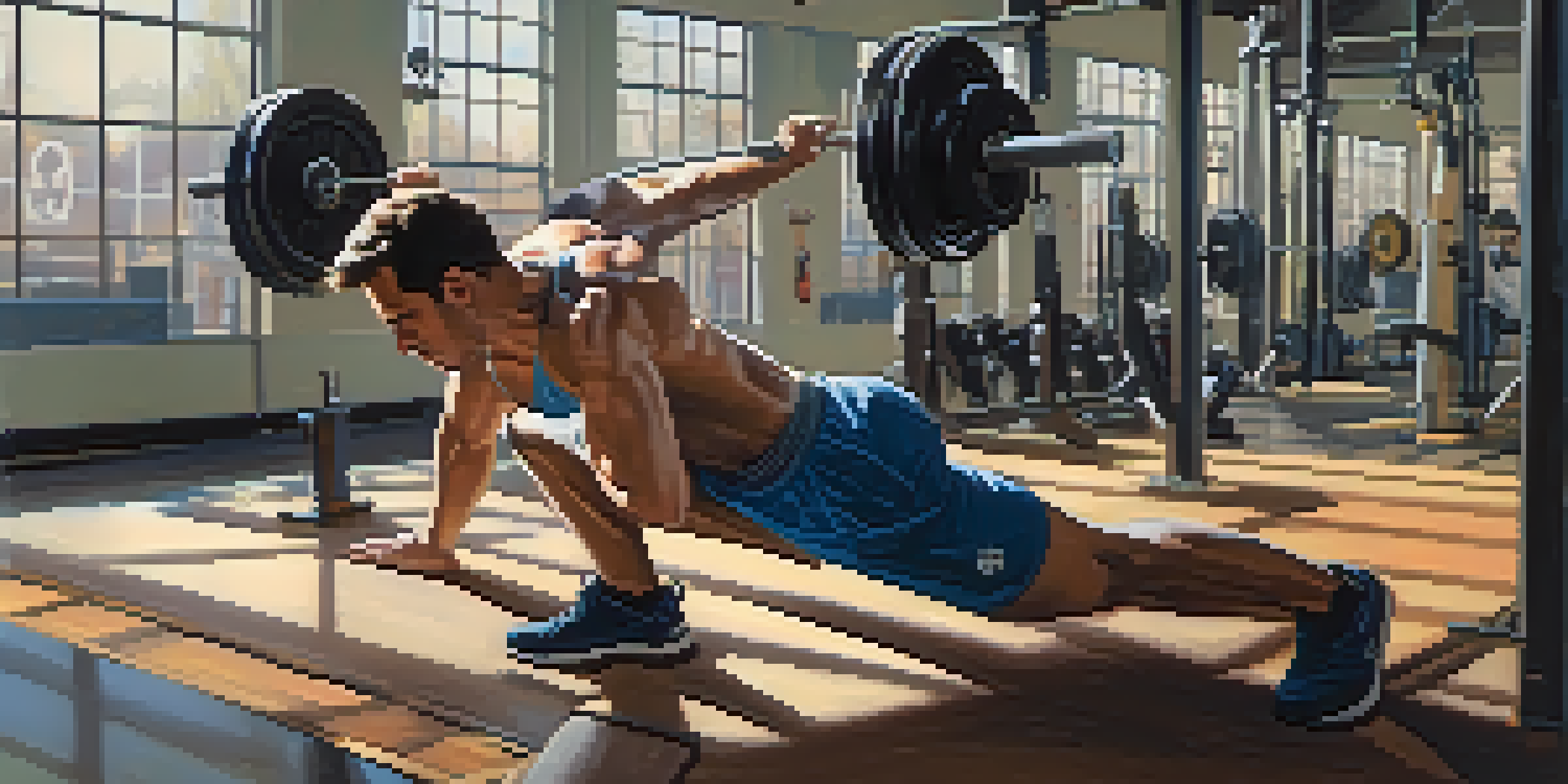 A powerlifter engaging in dynamic stretching exercises in a gym, with leg swings and arm circles, surrounded by gym equipment.