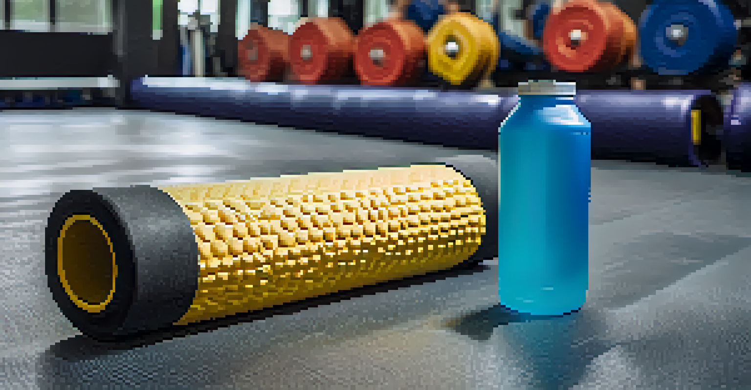A foam roller and water bottle on a gym mat, emphasizing recovery tools for powerlifters.