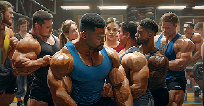 A diverse group of powerlifters in a gym, with one lifter receiving encouragement from a friend while preparing for a squat.