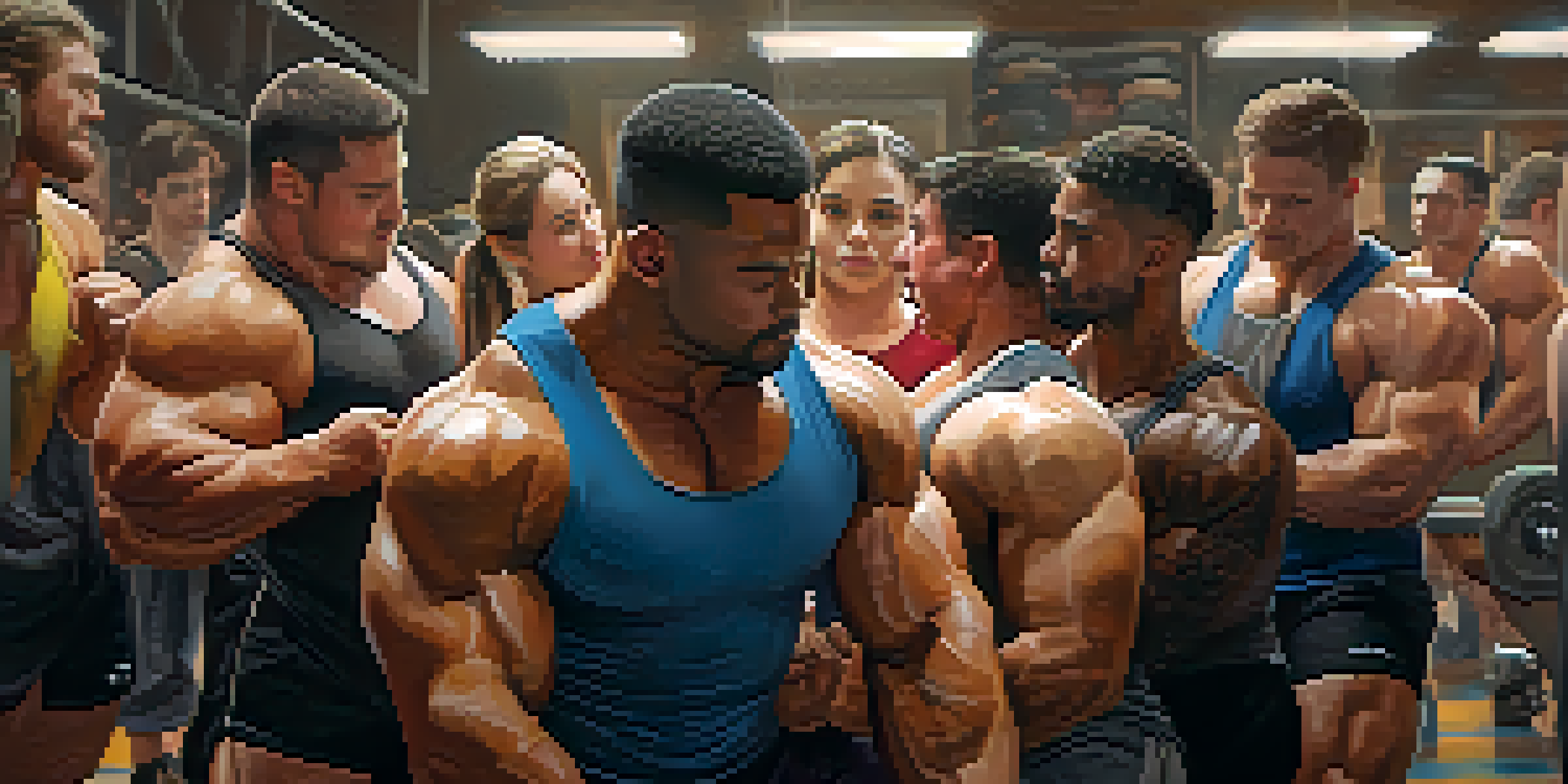 A diverse group of powerlifters in a gym, with one lifter receiving encouragement from a friend while preparing for a squat.