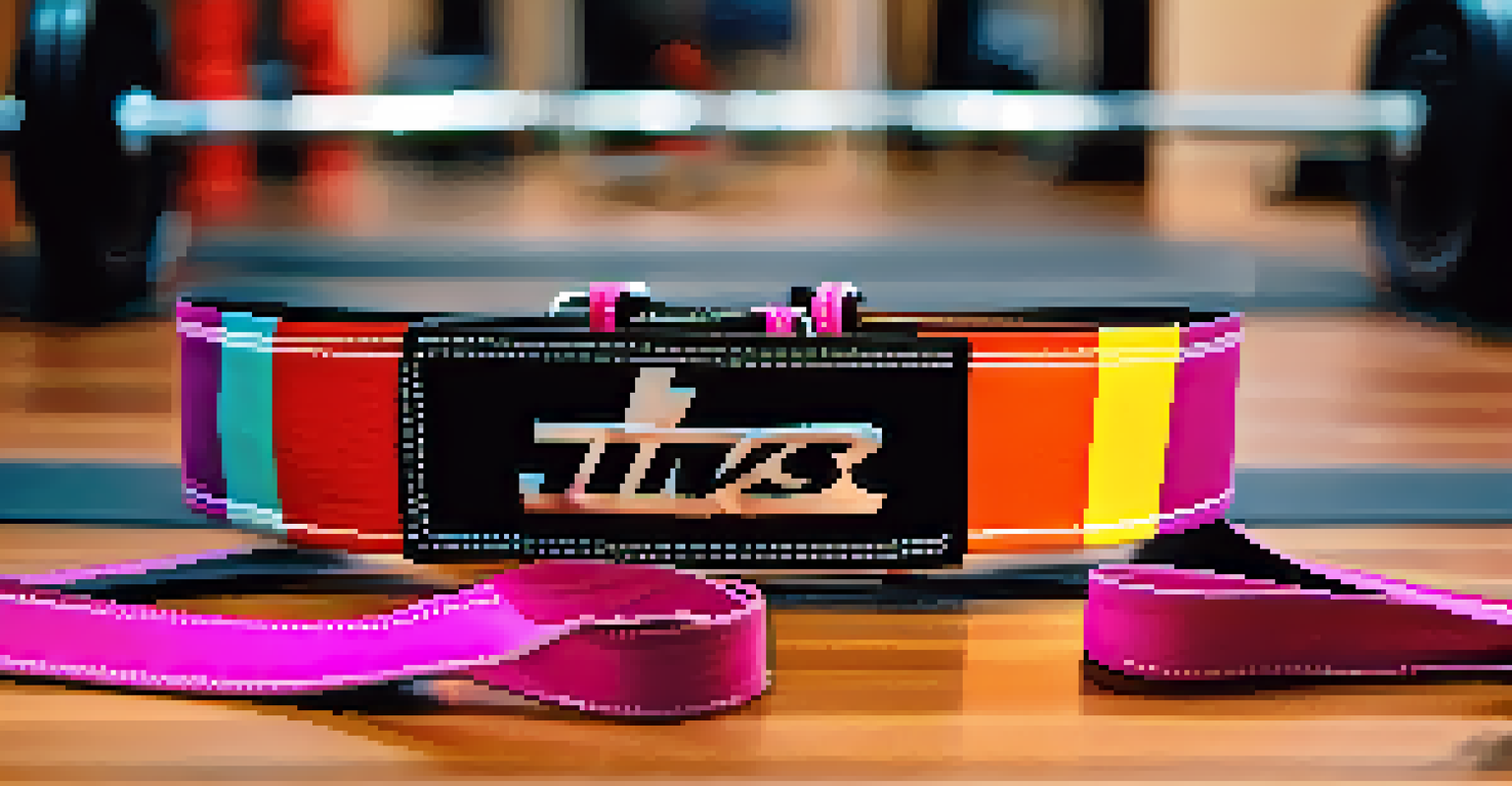 A close-up of a leather powerlifting belt, colorful weightlifting shoes, and rolled wrist wraps on a gym floor, with blurred gym equipment in the background.