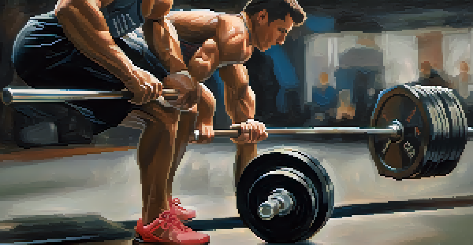 A close-up of a powerlifter's hands gripping a barbell, highlighting strength and focus with soft background blur.