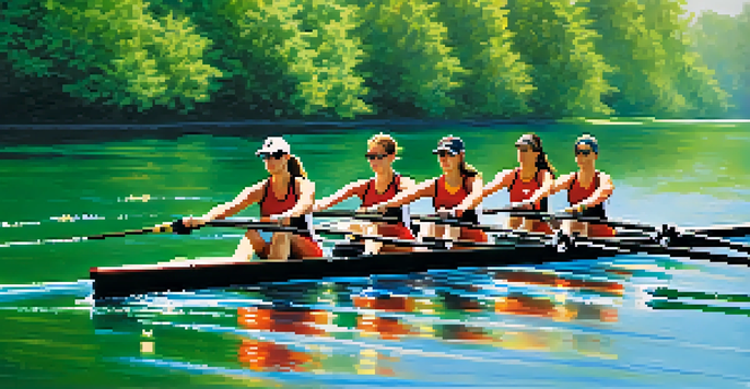 A rowing team working together on a calm lake, with trees and a blue sky in the background, showcasing teamwork and synchronization.
