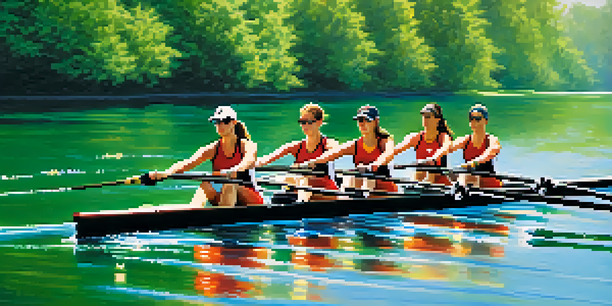 A rowing team working together on a calm lake, with trees and a blue sky in the background, showcasing teamwork and synchronization.