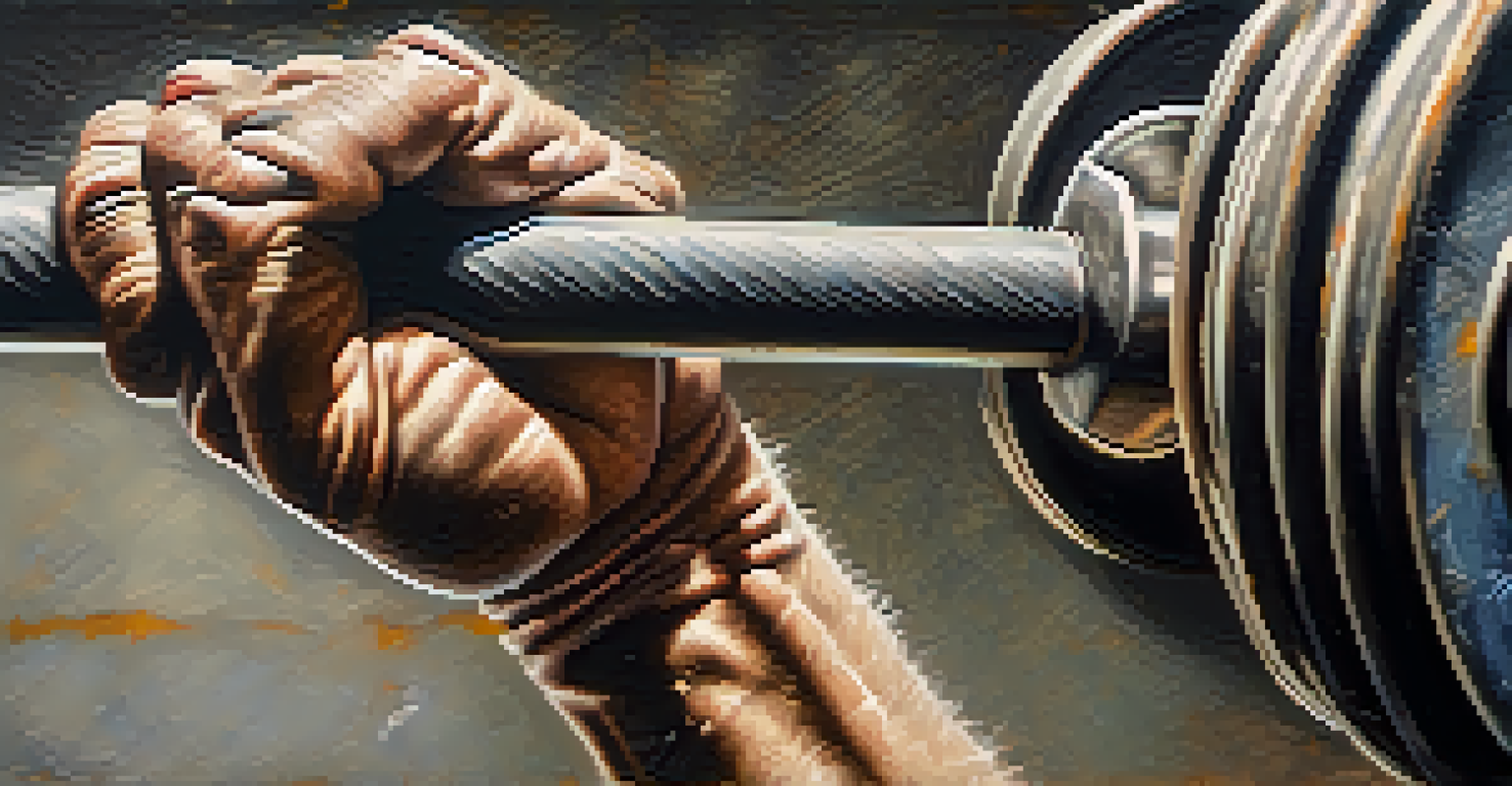 A close-up of a lifter's hands gripping a barbell with chalk dust, emphasizing strength and dedication.