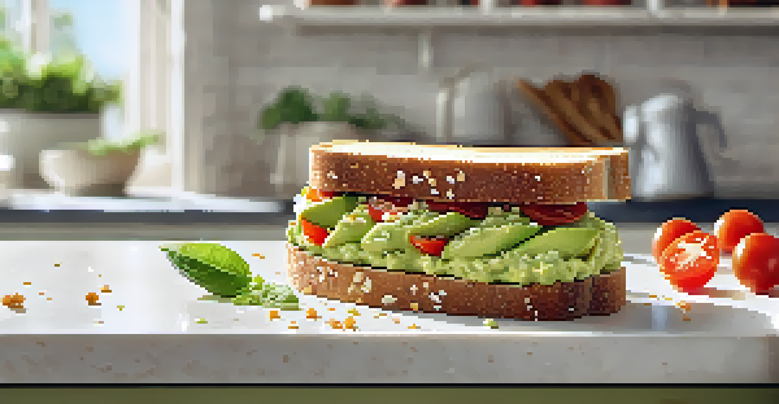 Whole grain toast with avocado spread, sesame seeds, and cherry tomatoes on a kitchen countertop, illuminated by warm light.