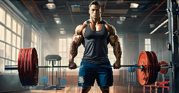 A powerlifter in a gym, focused and ready to lift a heavy barbell with an intense expression.