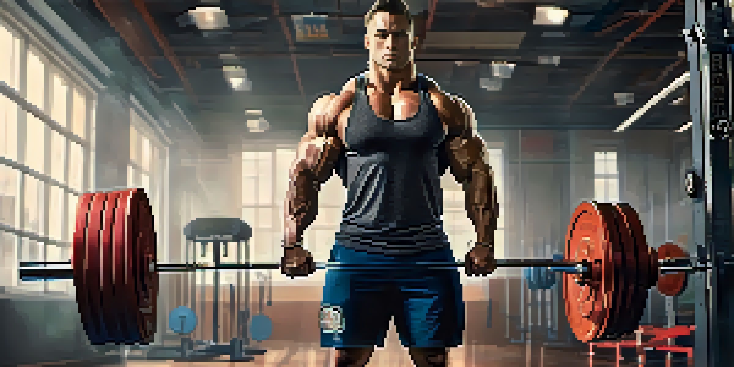 A powerlifter in a gym, focused and ready to lift a heavy barbell with an intense expression.